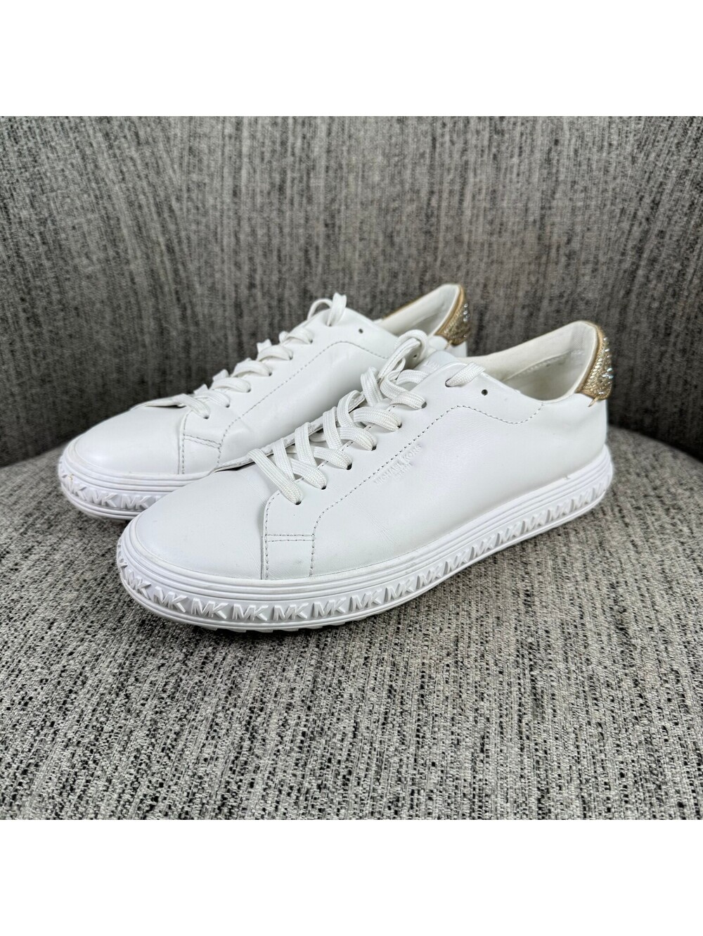 Michael Kors White Leather Sneakers Gold Studded Rhinestone Accent Size 8.5